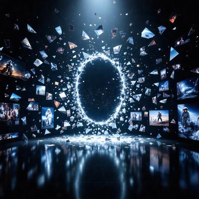 The primary subject of the image is a large, circular display with a blue hue. The display is surrounded by multiple screens, creating a visually striking scene. The setting appears to be a dark room, with the screens and the circular display being the main focus of the image. The visual style of the image is a combination of digital art and illustration, giving it a futuristic and modern appearance. The dominant colors in the image are blue and black, with the blue hue of the circular display creating a sense of depth and contrast